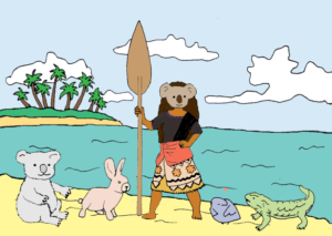 Some of our mascots and inside jokes: a koala, self care bunny, Koana Lisa, self love bird, and a tuatara. Art by @sh